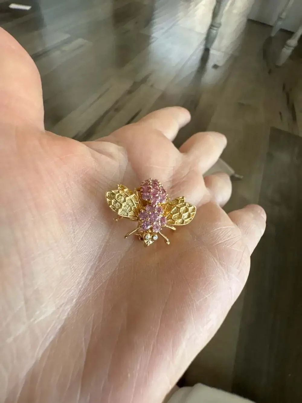 Jumbo 14K Gold Pink Sapphire and Diamond Bumble Bee Pin Brooch Stunning